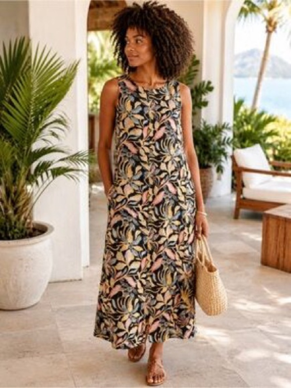 GARNET HILL 100% Linen Sleeveless Floral Maxi Dress Sz 4